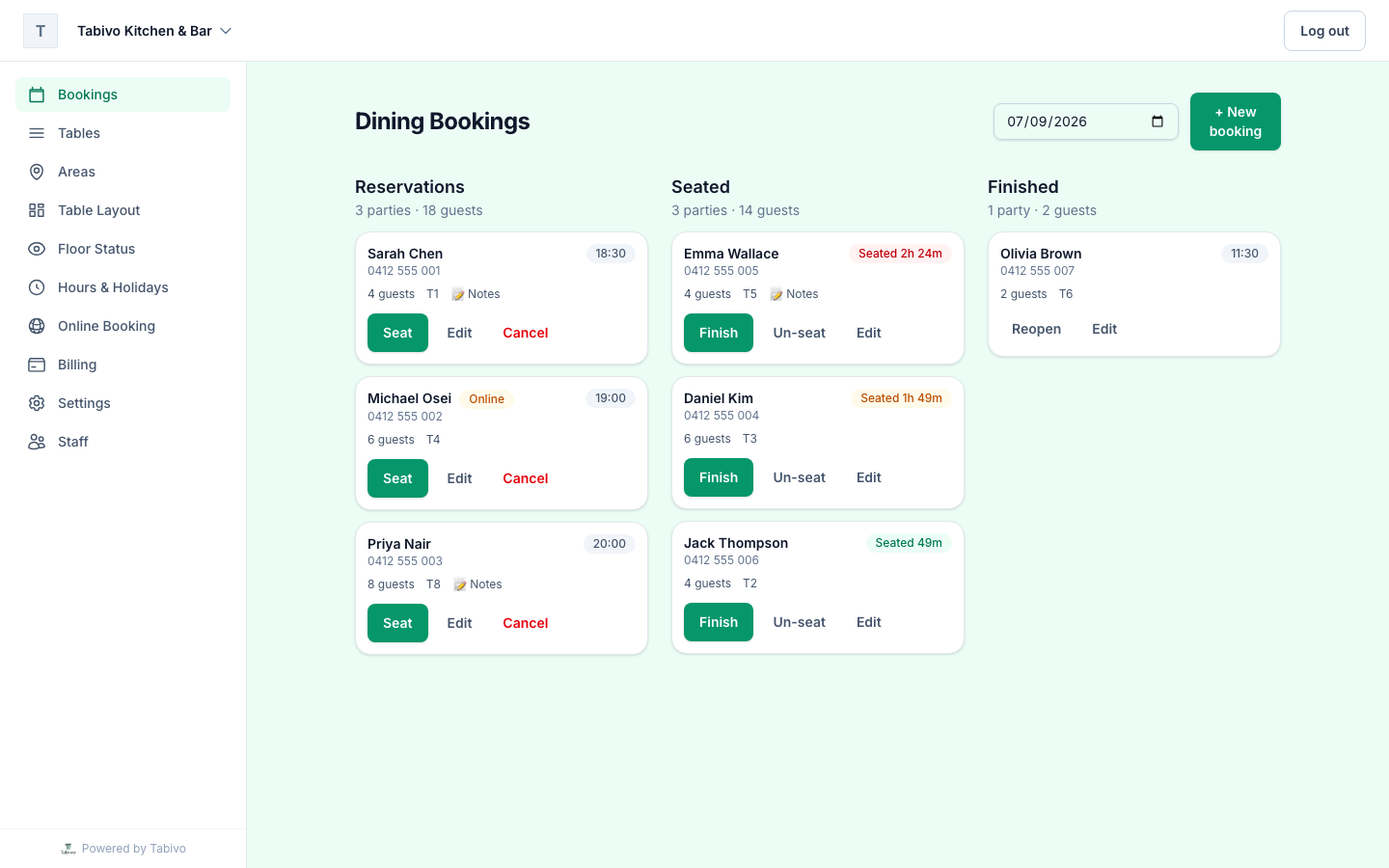 The Tabivo bookings board with Reservations, Seated and Finished columns