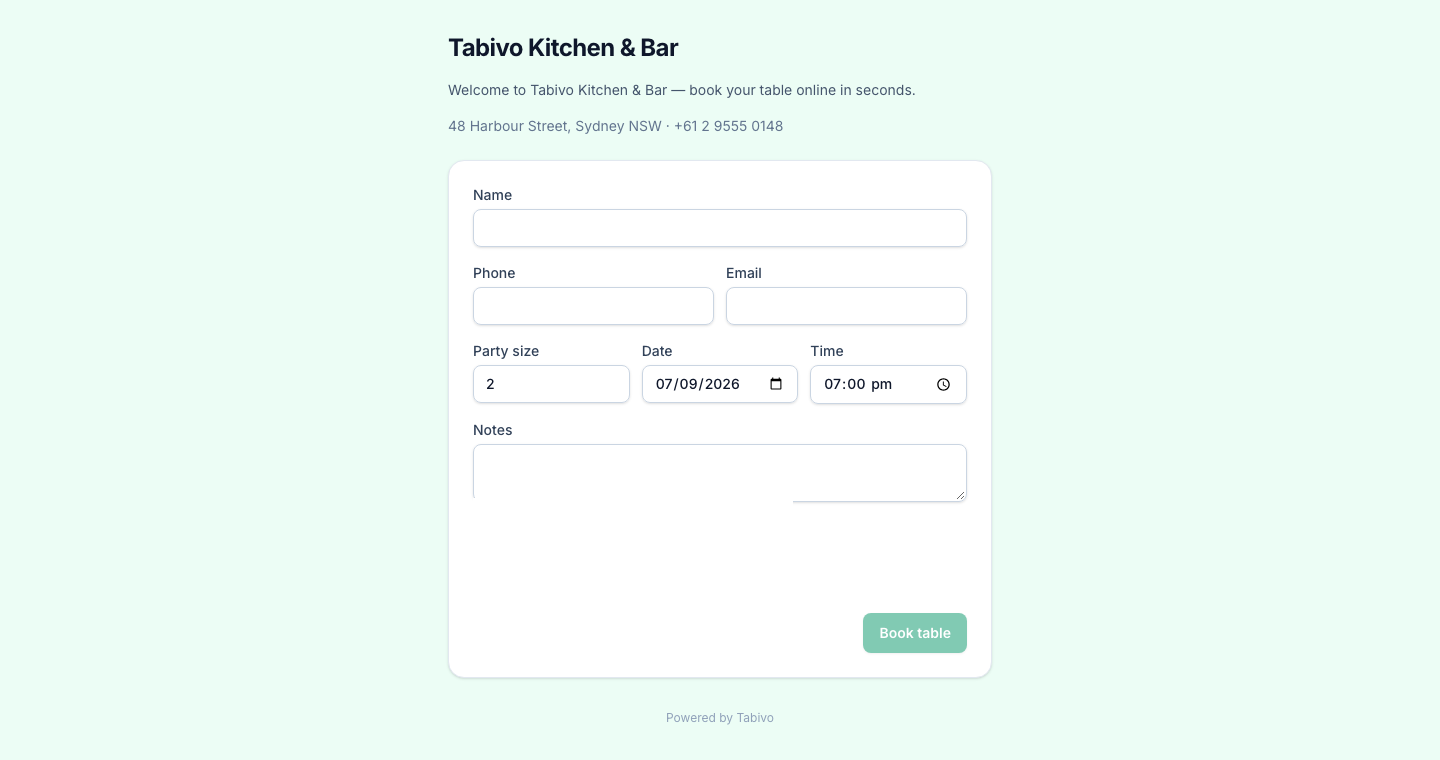 A restaurant's public Tabivo booking page
